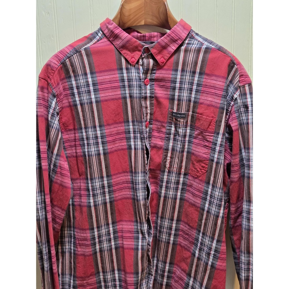Columbia Shirt Mens XL Red Plaid Long Sleeve Button‎ Front Stretch Casual